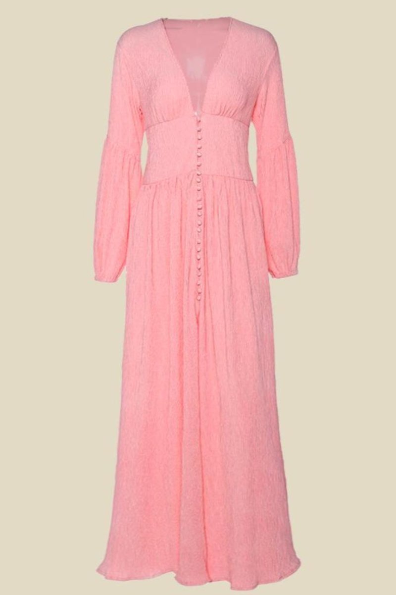Amora™ Giselle V yakalı Plisse Maxi Milkmaid Elbise