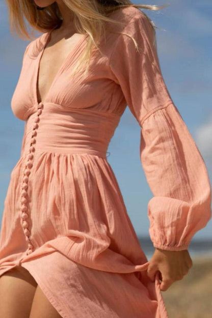 Amora™ Giselle V yakalı Plisse Maxi Milkmaid Elbise