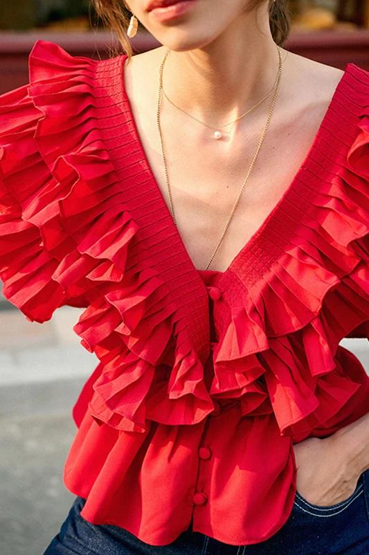 Amora™ Helen Ruffle V Yaka Bluz