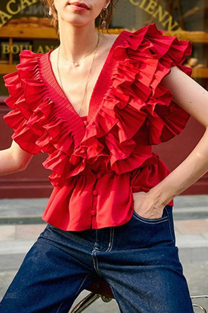 Amora™ Helen Ruffle V Yaka Bluz
