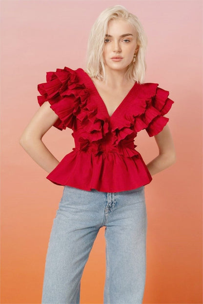 Amora™ Helen Ruffle V Yaka Bluz