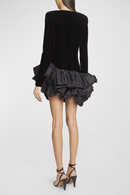 Amora™ Hermosa Ruffle Asimetrik Etek Mini Kadife Elbise