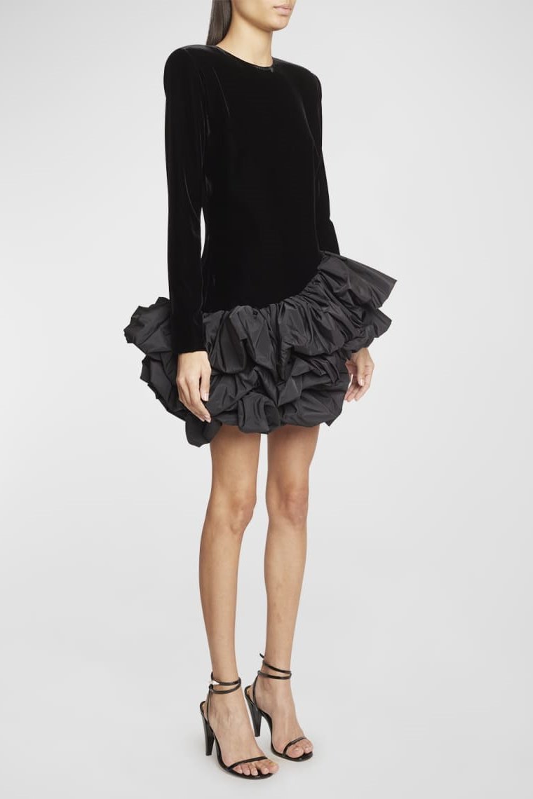 Amora™ Hermosa Ruffle Asimetrik Etek Mini Kadife Elbise