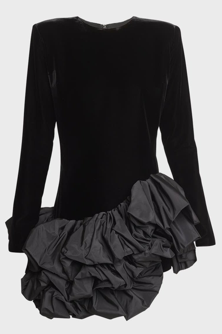 Amora™ Hermosa Ruffle Asimetrik Etek Mini Kadife Elbise