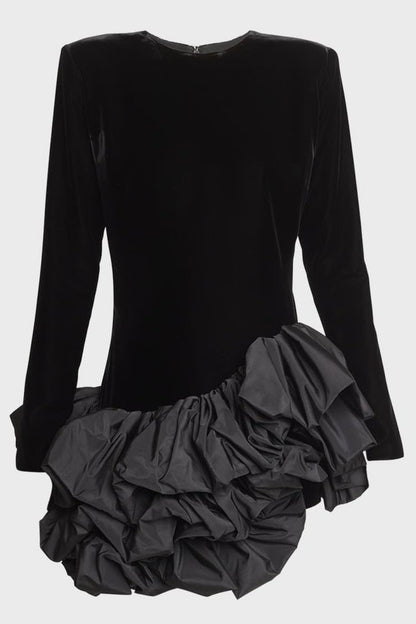 Amora™ Hermosa Ruffle Asimetrik Etek Mini Kadife Elbise