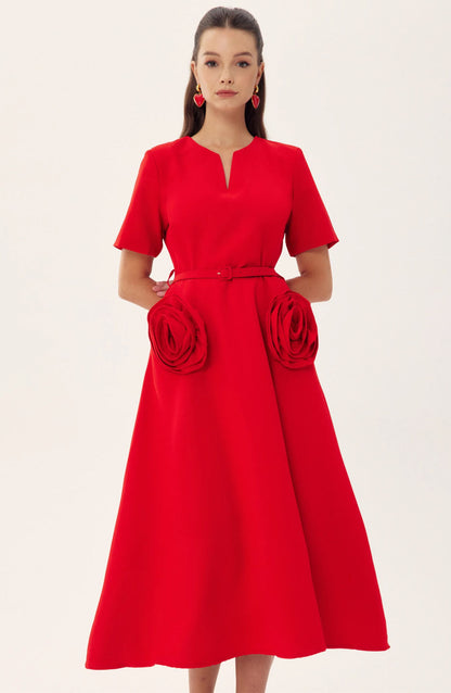 Amora™ Grace Floral Aplike Kısa Kollu Midi Elbise