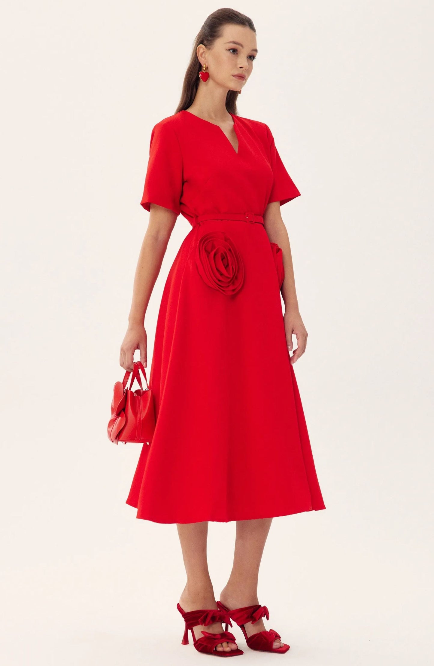 Amora™ Grace Floral Aplike Kısa Kollu Midi Elbise