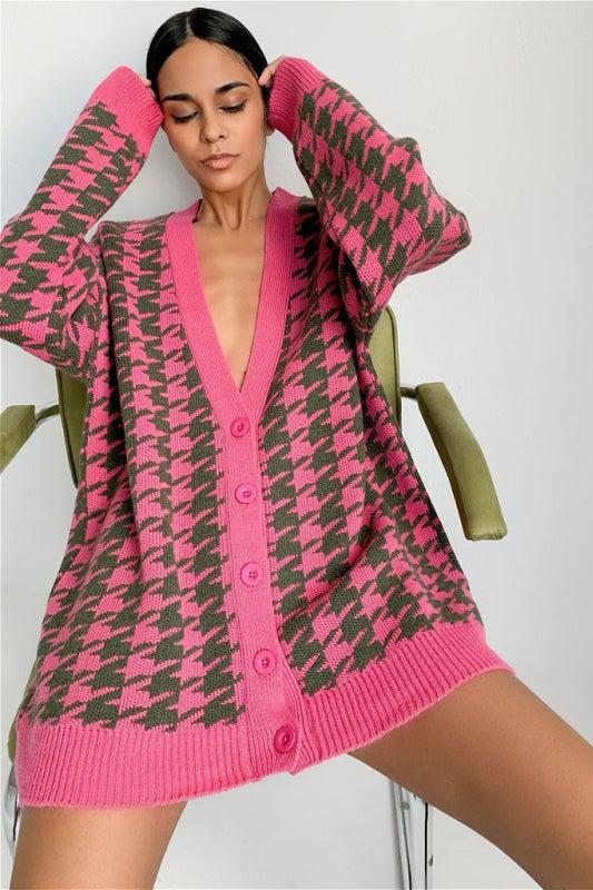 Amora™ Houndstooth Büyük Boy Kardigan