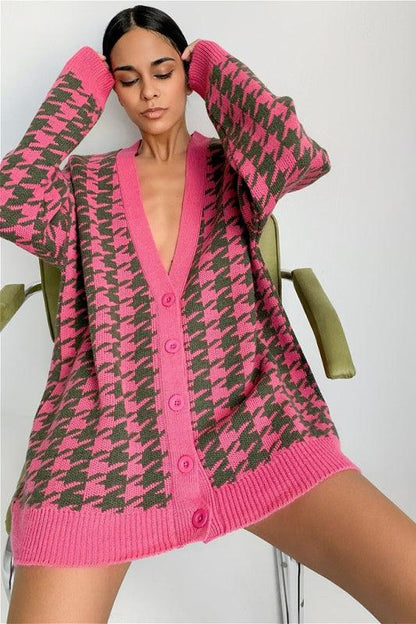 Amora™ Houndstooth Büyük Boy Kardigan