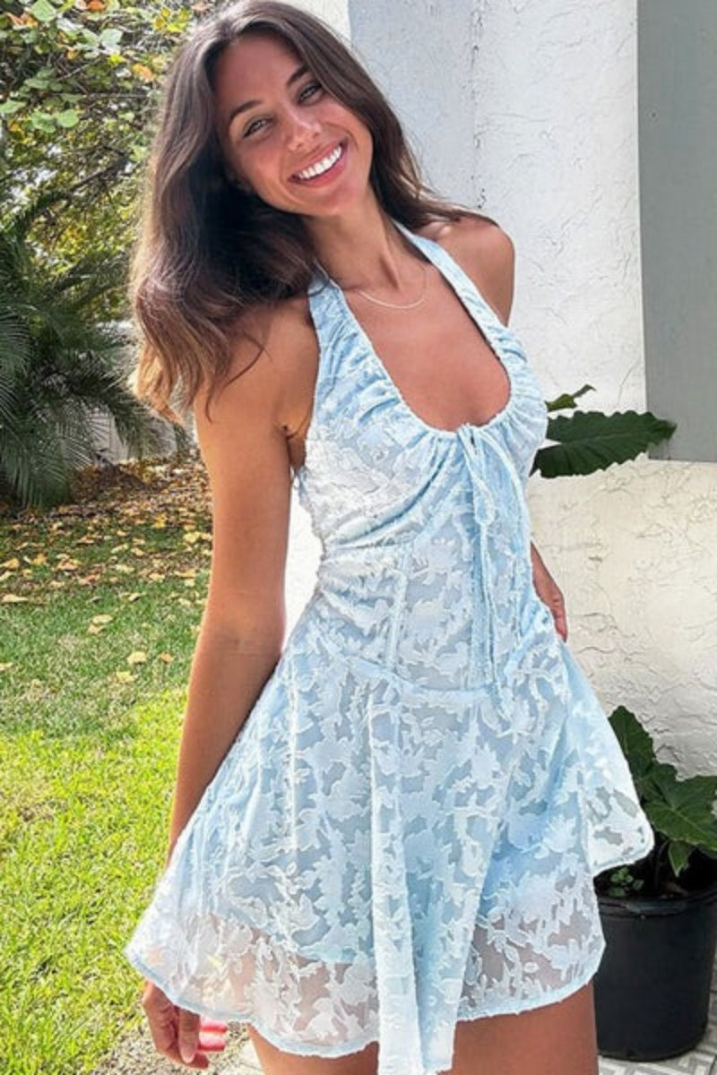 Amora™ Breezy Halter Bow Tie Drop Waist Jacquard Floral Vacation Mini Dress