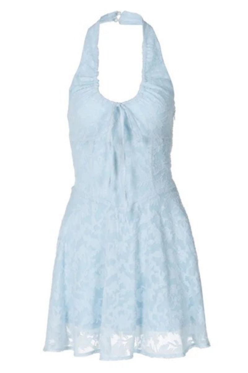Amora™ Breezy Halter Bow Tie Drop Waist Jacquard Floral Vacation Mini Dress