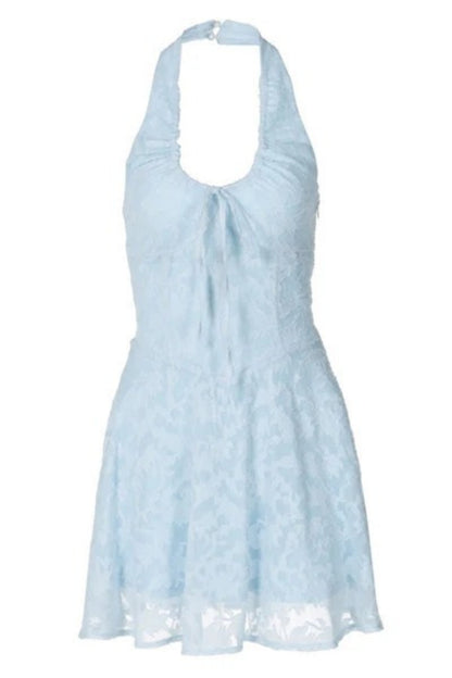 Amora™ Breezy Halter Bow Tie Drop Waist Jacquard Floral Vacation Mini Dress