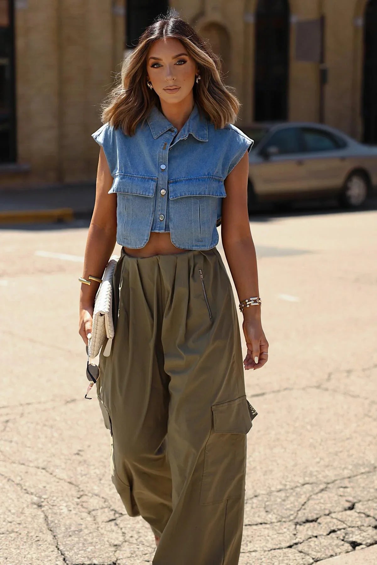 Amora™ Denim Button Up Cape Sleeve Pocket Crop Top