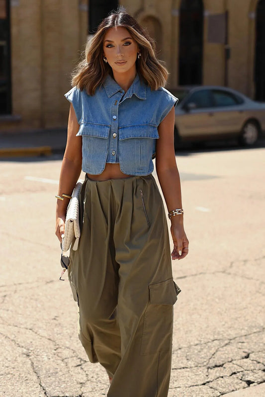 Amora™ Denim Button Up Cape Sleeve Pocket Crop Top