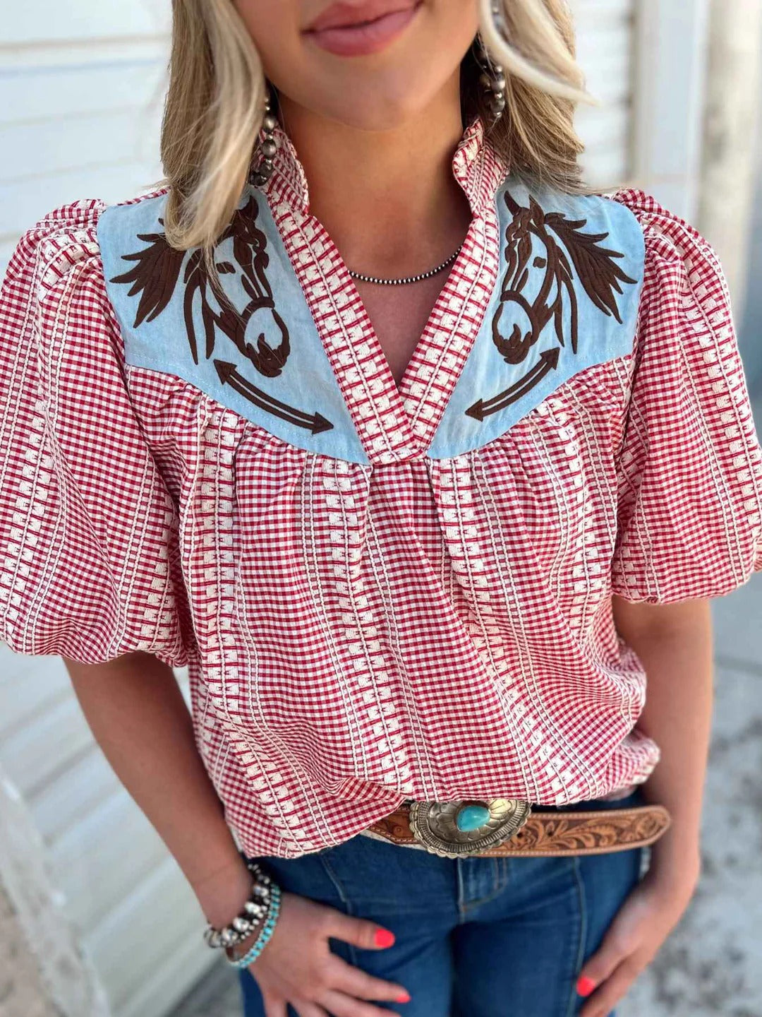 Amora™ Prairie Horse Gingham Puff Sleeve Blouse