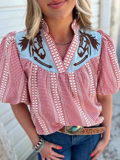 Amora™ Prairie Horse Gingham Puff Sleeve Blouse