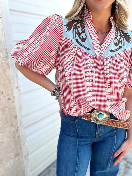 Amora™ Prairie Horse Gingham Puff Sleeve Blouse