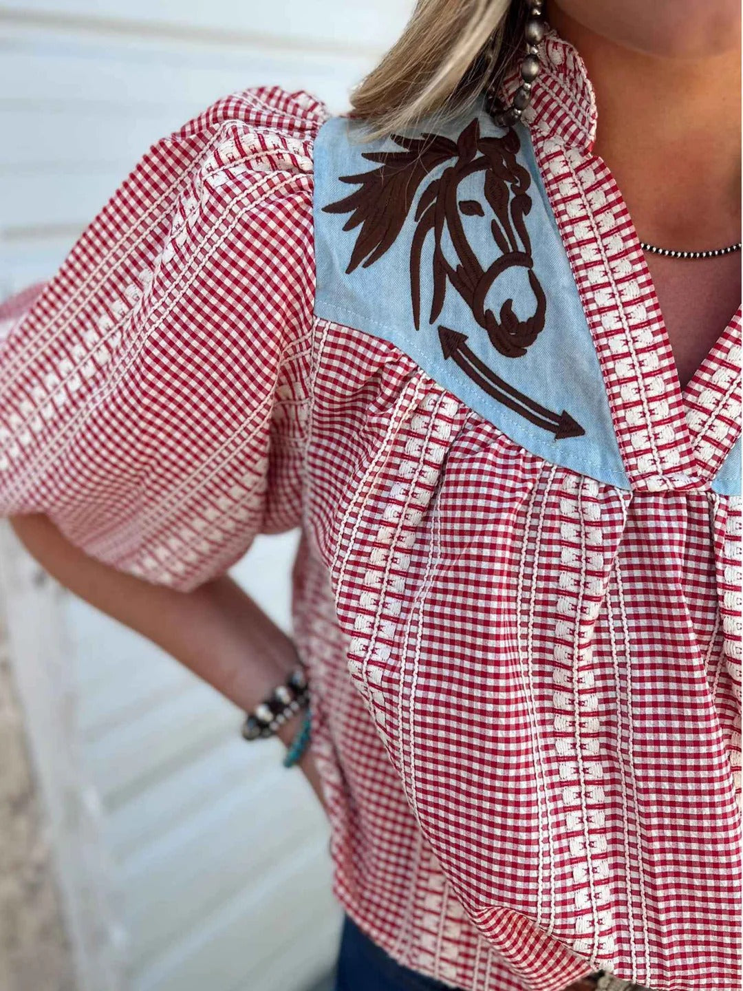Amora™ Prairie Horse Gingham Puff Sleeve Blouse