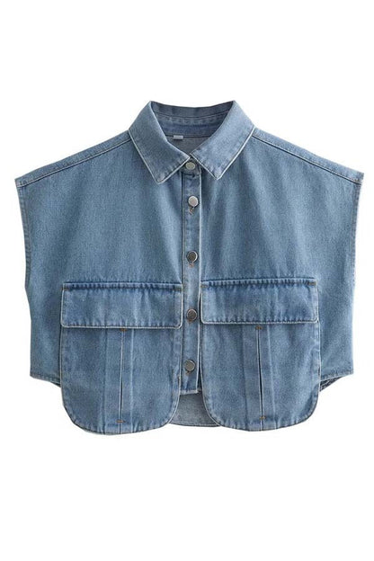 Amora™ Denim Button Up Cape Sleeve Pocket Crop Top