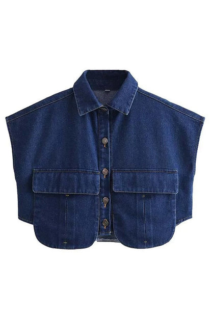 Amora™ Denim Button Up Cape Sleeve Pocket Crop Top