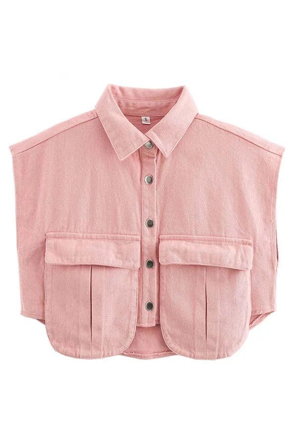 Amora™ Denim Button Up Cape Sleeve Pocket Crop Top