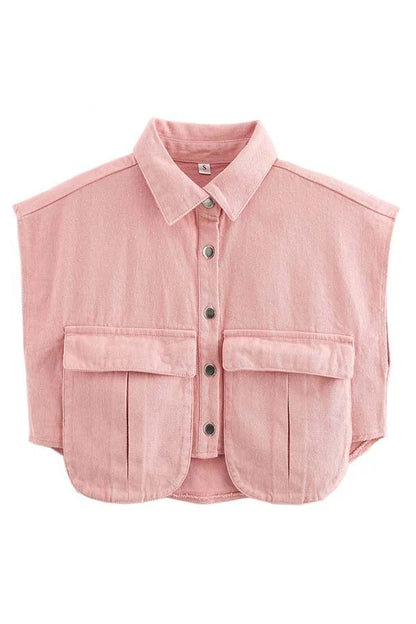 Amora™ Denim Button Up Cape Sleeve Pocket Crop Top