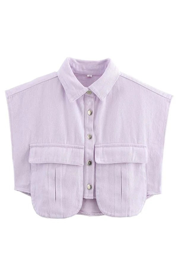 Amora™ Denim Button Up Cape Sleeve Pocket Crop Top