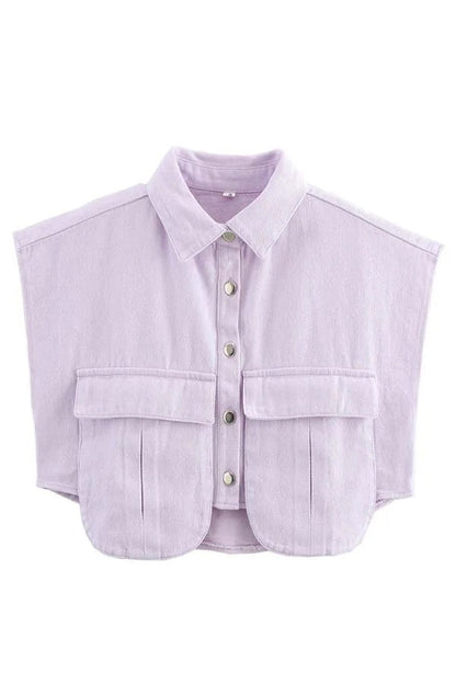 Amora™ Denim Button Up Cape Sleeve Pocket Crop Top