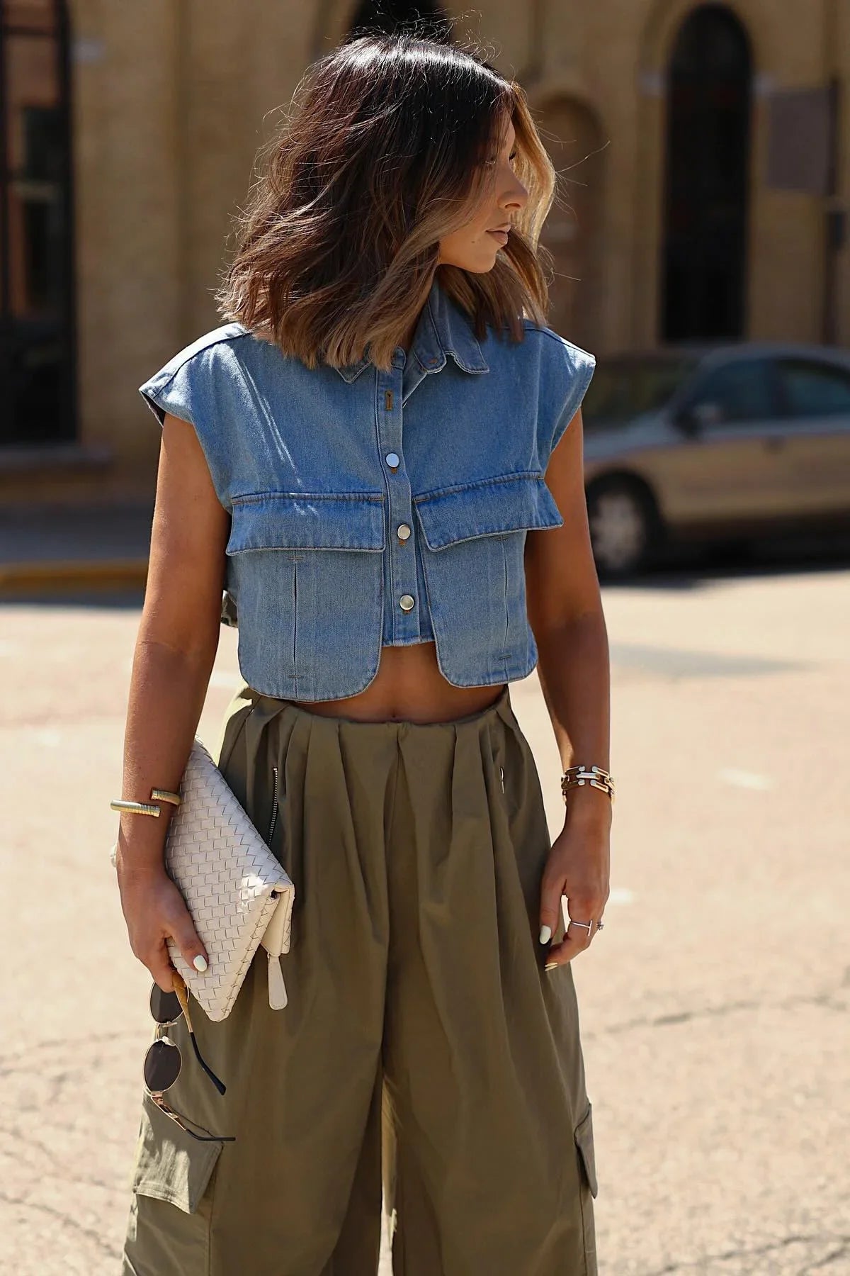 Amora™ Denim Button Up Cape Sleeve Pocket Crop Top