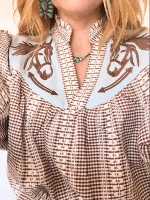 Amora™ Prairie Horse Gingham Puff Sleeve Blouse