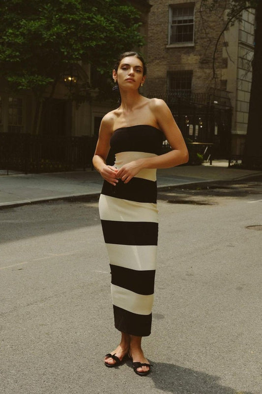 Amora™ Joanne Straplez Çizgili Midi Örgü Elbise