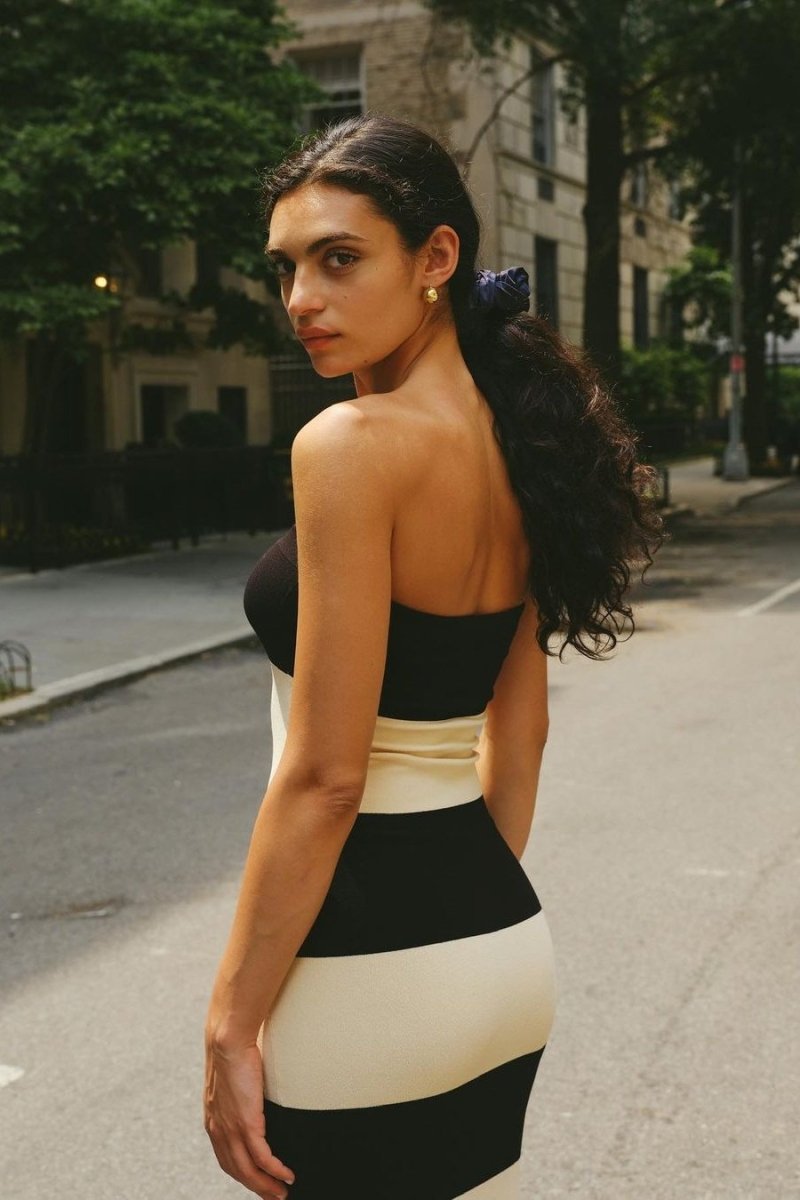 Amora™ Joanne Straplez Çizgili Midi Örgü Elbise