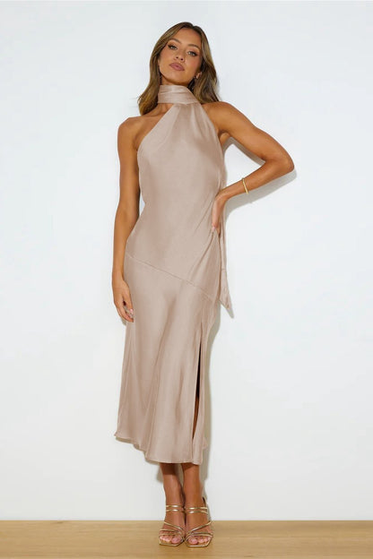 Amora™ Nad Cowl Halter Yaka Saten Midi Elbise
