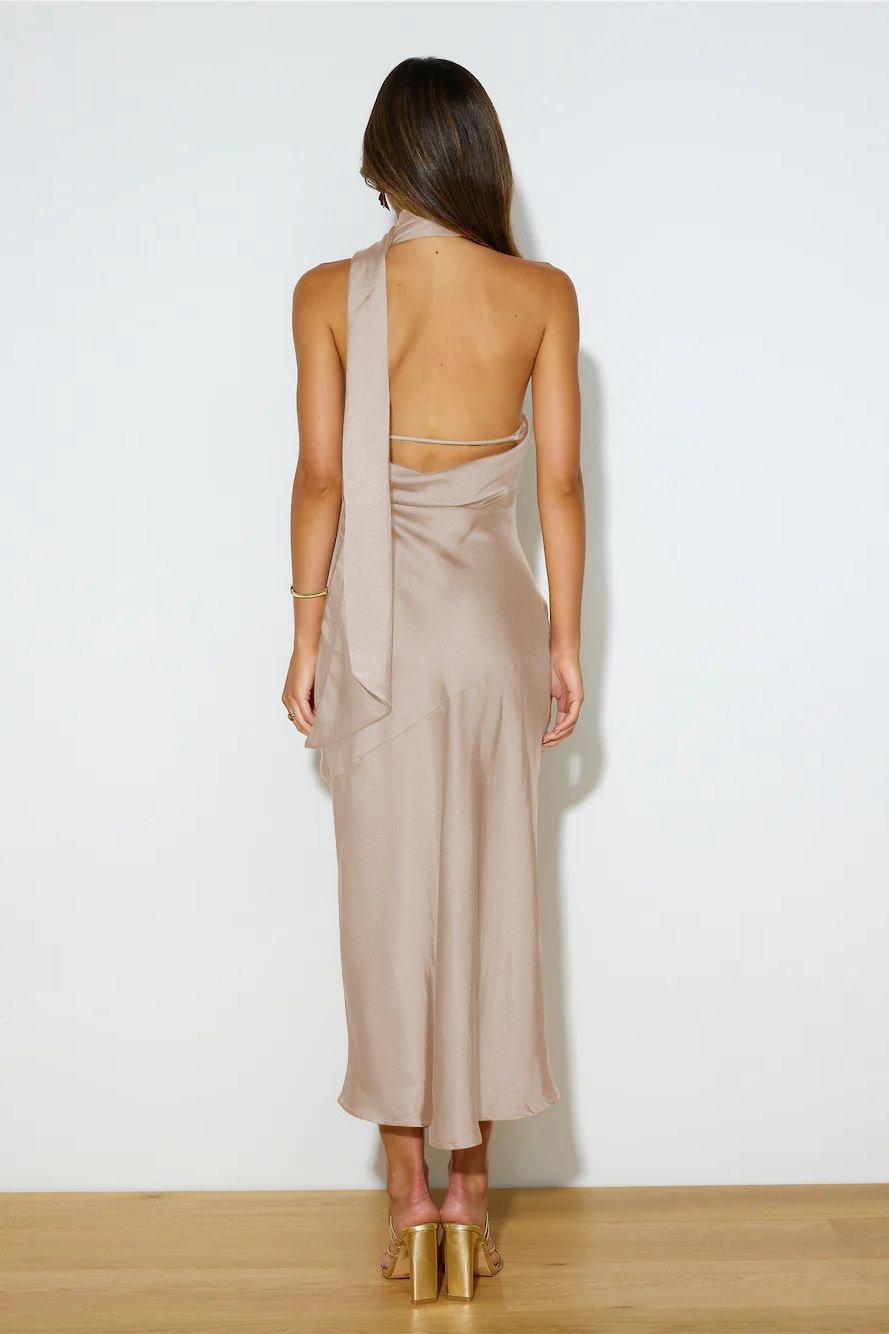 Amora™ Nad Cowl Halter Yaka Saten Midi Elbise