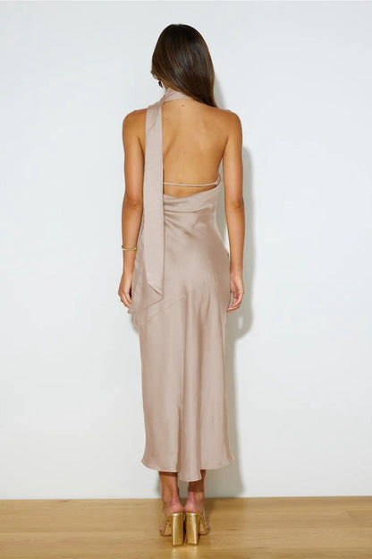 Amora™ Nad Cowl Halter Yaka Saten Midi Elbise