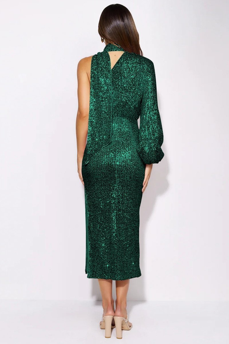 Amora™ Judith Sequins Halter Yaka Asimetri Midi Elbise