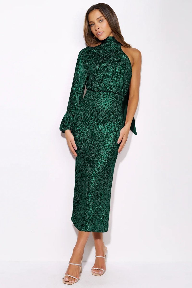 Amora™ Judith Sequins Halter Yaka Asimetri Midi Elbise