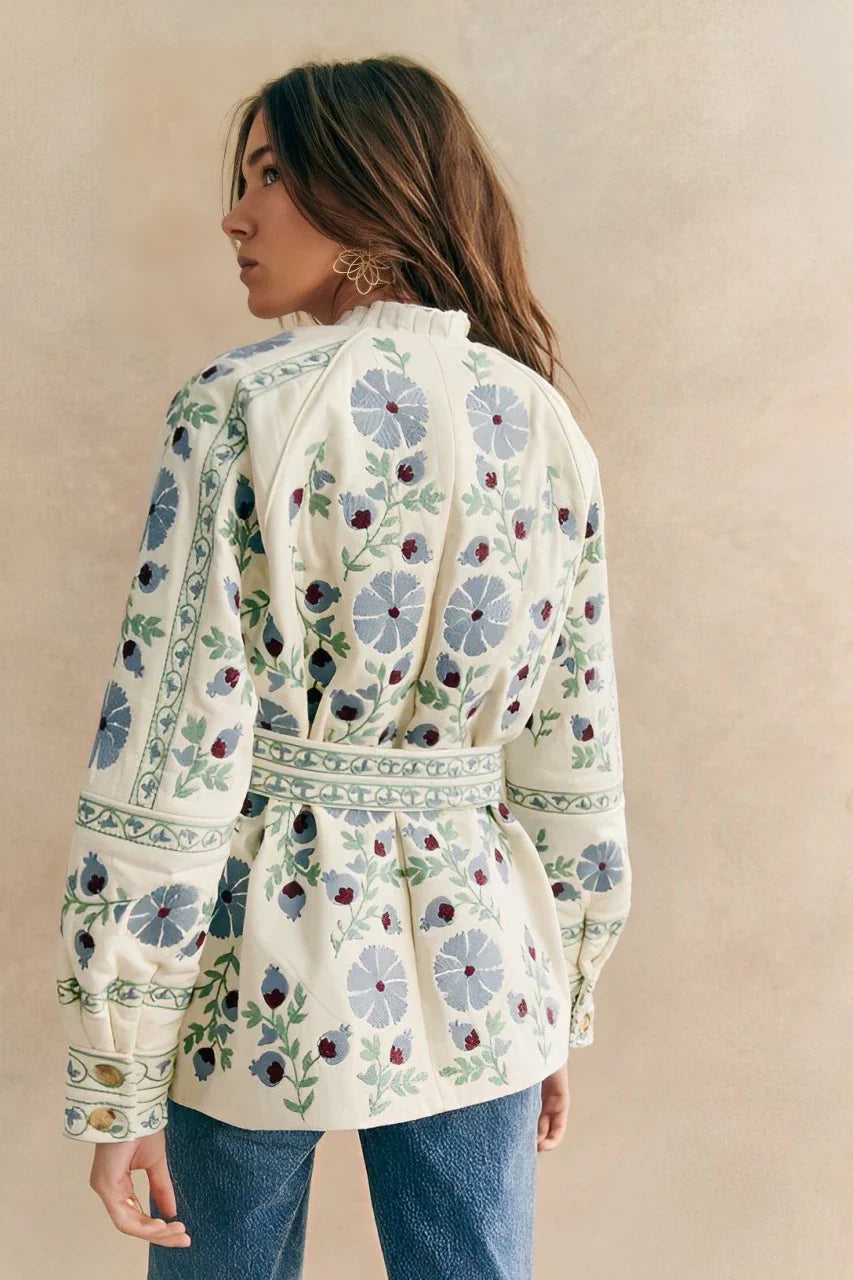 Amora™ Gündelik Sokak Çiçekleri Bağcıklı Düğmeler Patchwork O Yaka Dış Giyim