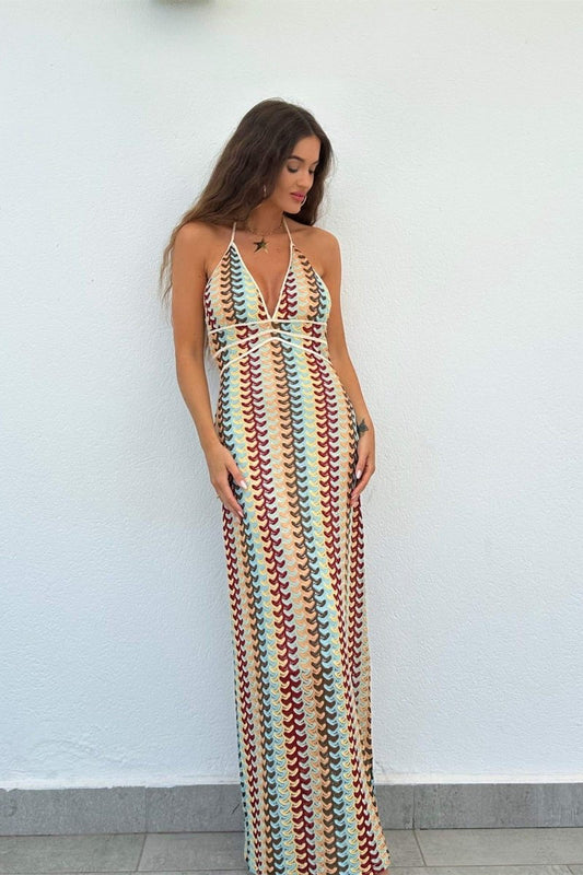 Amora™ Lydia Halter Yaka Tığ İşi Uzun Elbise