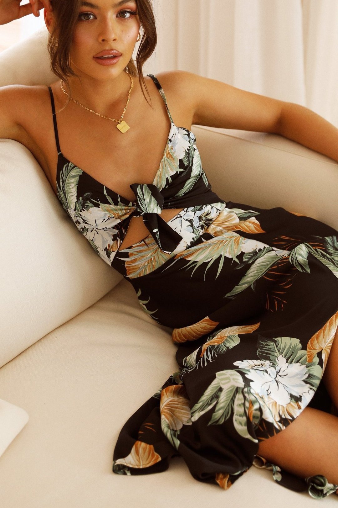 Amora™ Melinda Baskılı Düğümlü Uzun Slip Elbise