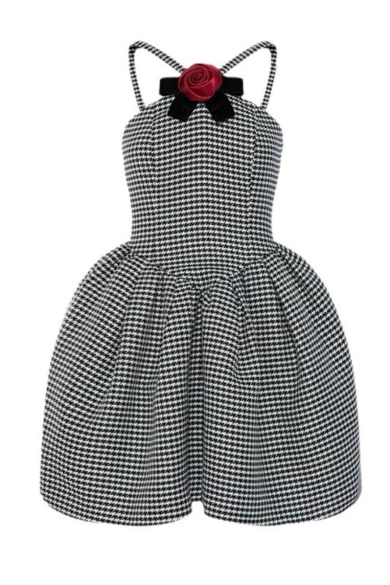 Amora™ Mona Kaz Ayağı Gül Fiyonklu A Kesim Mini Elbise