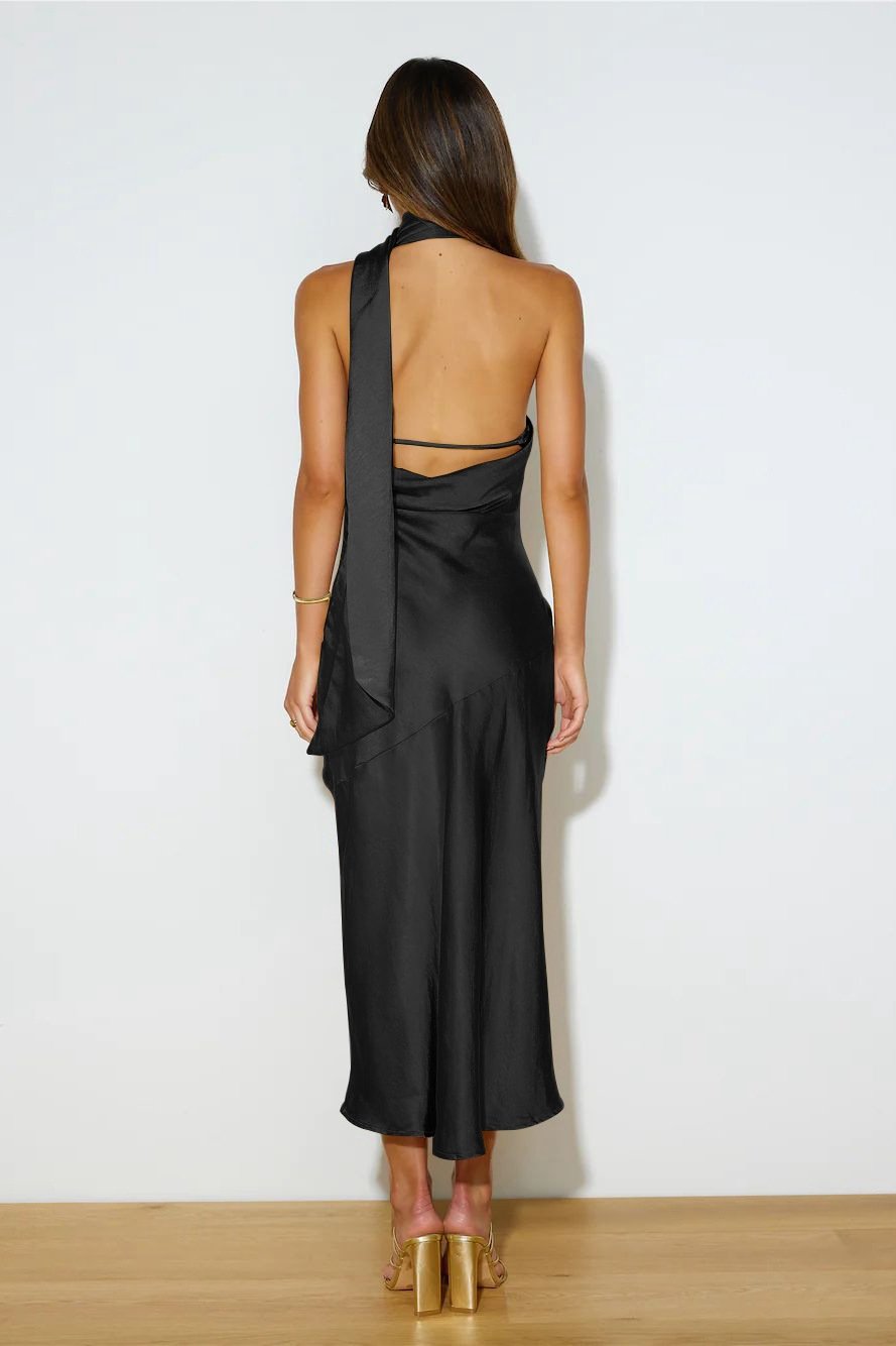 Amora™ Nad Cowl Halter Yaka Saten Midi Elbise