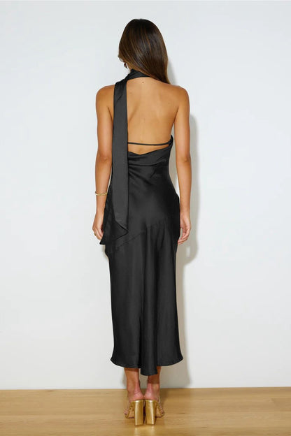 Amora™ Nad Cowl Halter Yaka Saten Midi Elbise
