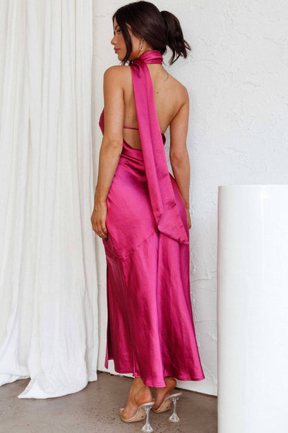 Amora™ Nad Cowl Halter Yaka Saten Midi Elbise