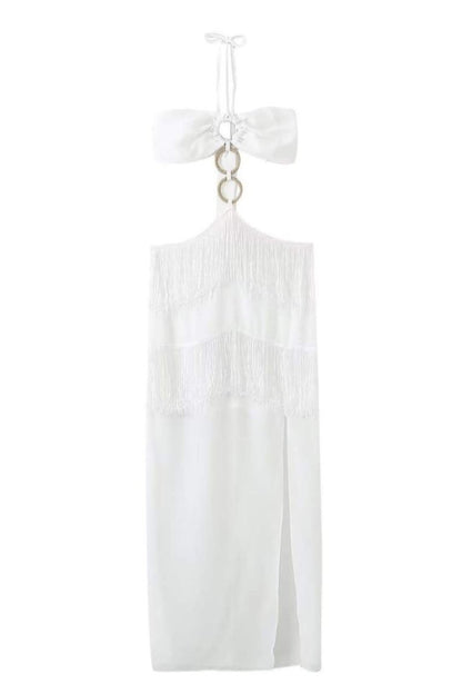 Amora™ Rebecca Halter Yaka Püsküllü Uzun Elbise