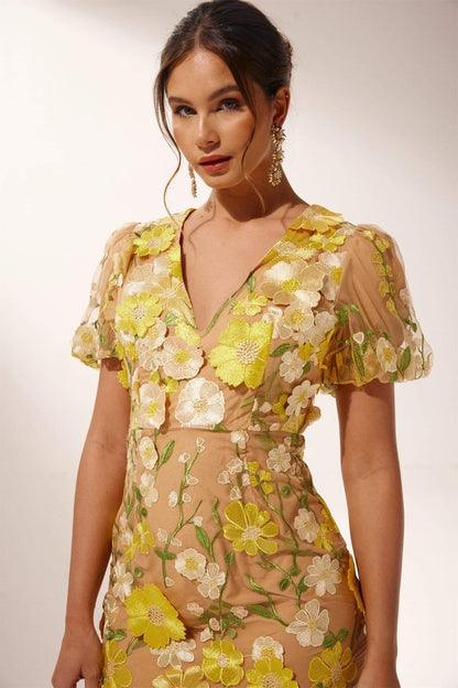 Amora™ Sally V yakalı çiçekli midi elbise