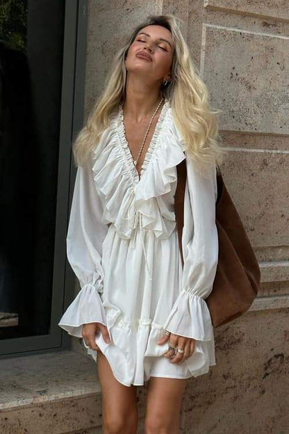 Amora™ Sharon V Yaka Volanlı Mini Elbise