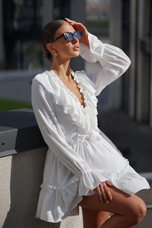 Amora™ Sharon V Yaka Volanlı Mini Elbise