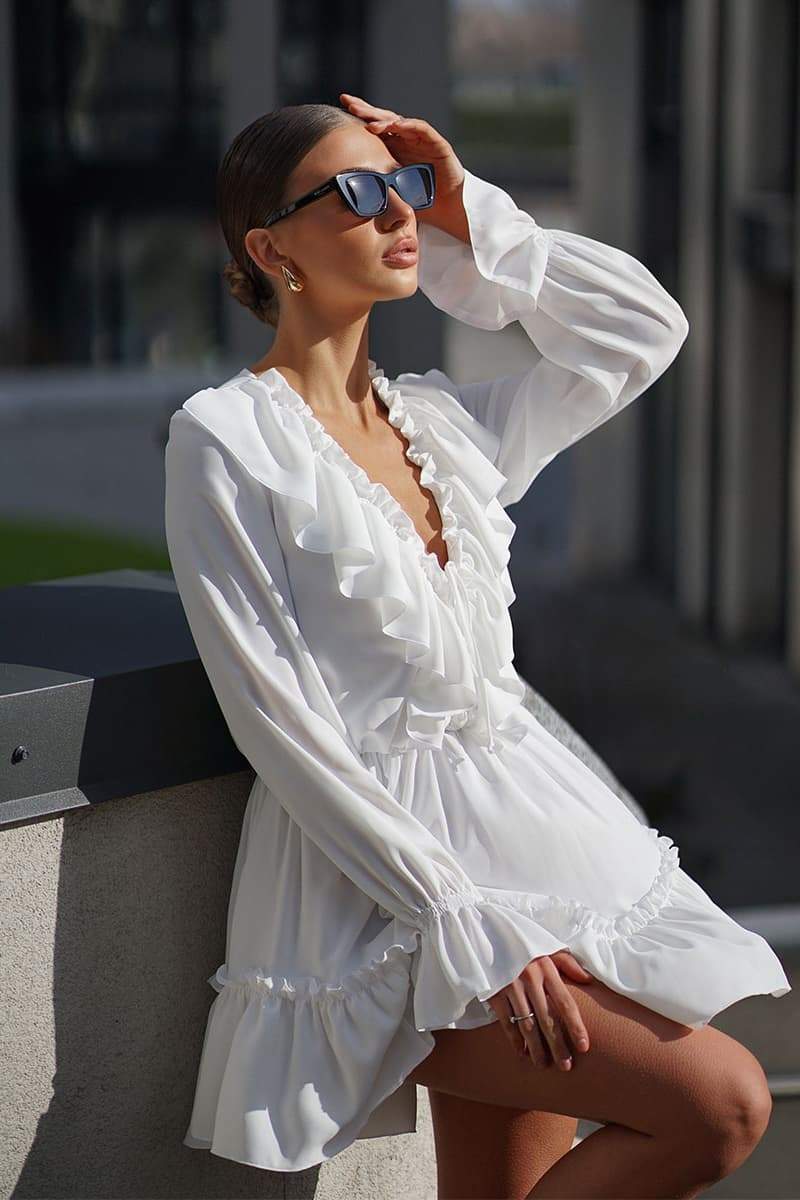 Amora™ Sharon V Yaka Volanlı Mini Elbise