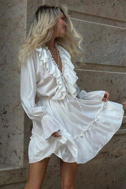 Amora™ Sharon V Yaka Volanlı Mini Elbise